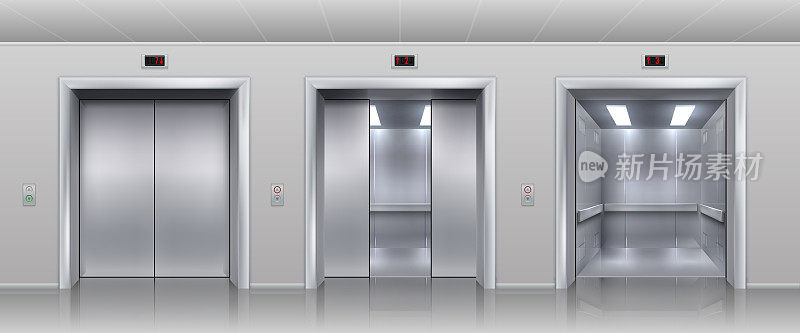 1911. m30.i030.n020.p.c25.1484835944现实的电梯。客货电梯或指示器的金属舱门关闭、开启和半关闭。矢量内部与金属门